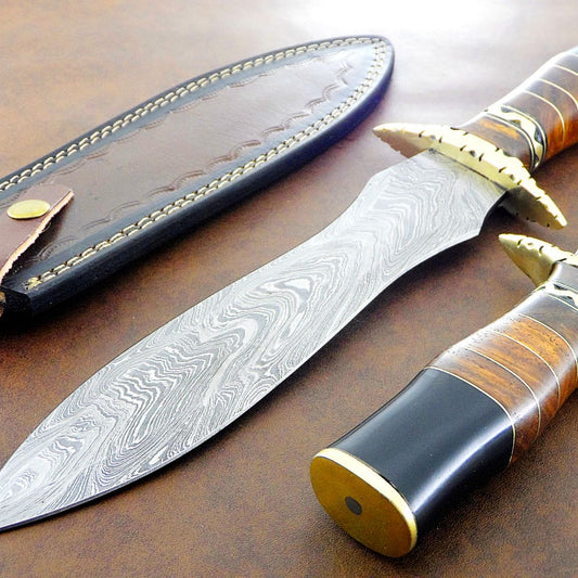 Handmade Damascus 12.75 Inch Double Edge Dagger Bowie Knife Leather Sheath