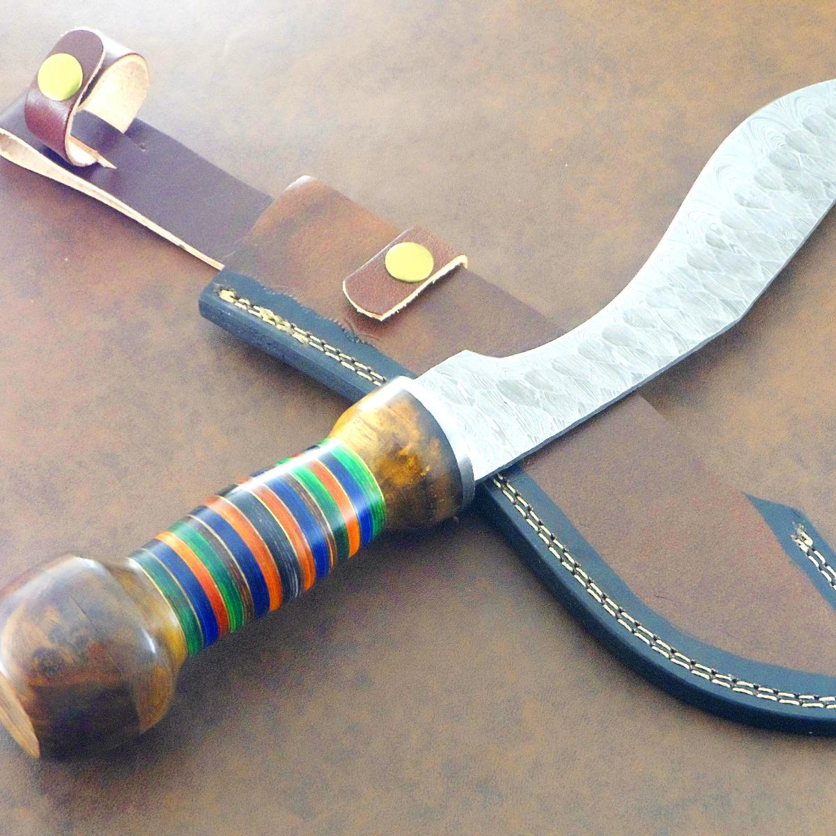 Handmade Damascus 13 Inch Kukri Hunting Bowie Knife Walnut Wood