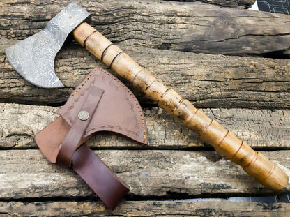 Handmade Damascus Axe Hatchet with Rosewood Handle & Leather Sheath | 512 Layer Damascus Steel Axe