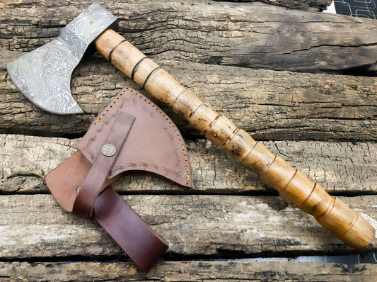 Handmade Damascus Axe Hatchet with Rosewood Handle & Leather Sheath | 512 Layer Damascus Steel Axe