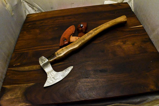 Handmade Damascus Axe Tomahawk with Walnut Wood Handle & Leather Sheath 