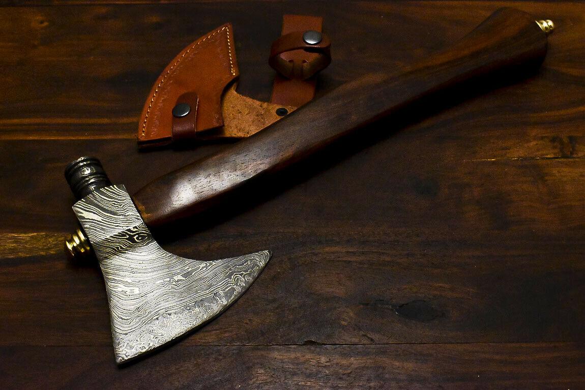 Handmade Damascus Axe Tomahawk with Walnut Wood Handle & Leather Sheath | Custom Damascus Steel Axe Knife