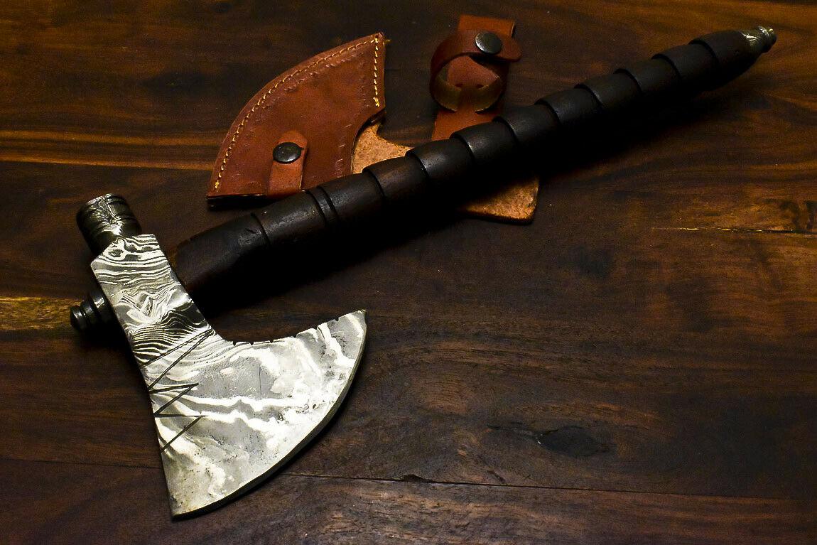 Handmade Damascus Axe Tomahawk with Walnut Wood Handle & Leather Sheath | Custom Damascus Steel Axe Pipe