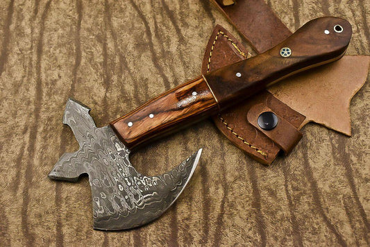 Handmade Damascus Axe Walnut Wood Handle Damascus Steel Axe Clever Chopper Knife with Leather Sheath