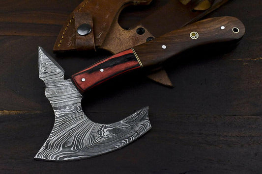 Handmade Damascus Axe Walnut Wood Hunting Clever Chopper Knife with Leather Sheath
