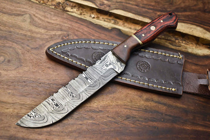 Handmade Damascus Blade Camping Tracker Full Tang Knife with Leather Sheath