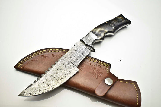 Handmade Damascus Blade Camping Tracker Full Tang Knife with Ram’s Horn Handle