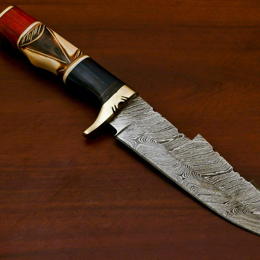 Handmade Damascus Bowie Hunting Knife | Burn Camel Bone & Pakka Wood Handle