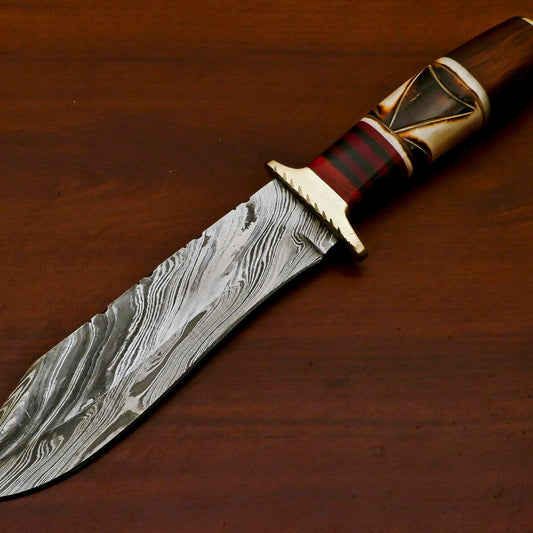 Handmade Damascus Bowie Hunting Knife | Burn Camel Bone, Pakka Wood & Rose Wood Handle