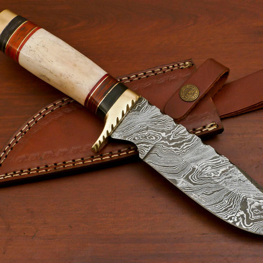 Handmade Damascus Bowie Hunting Knife | Camel Bone & Pakka Wood Handle