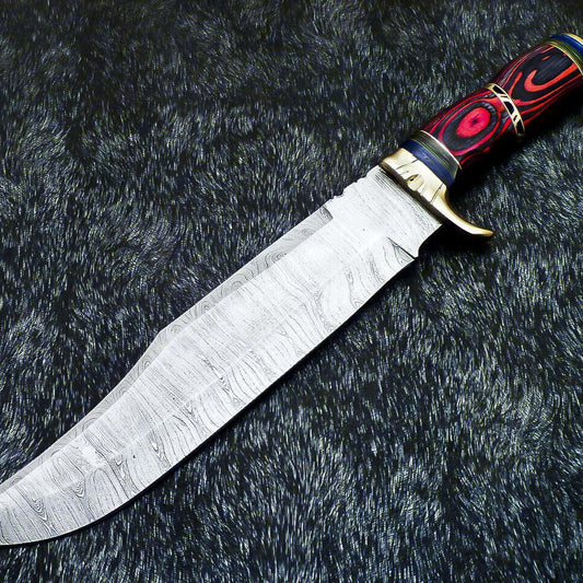 Handmade Damascus Bowie Hunting Knife – Hard Wood Handle