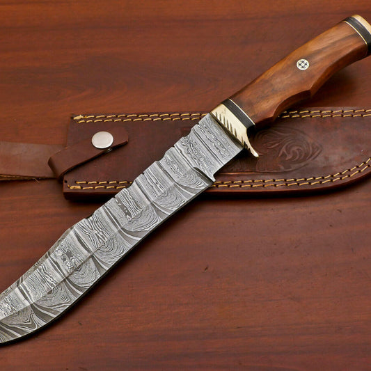 Handmade Damascus Bowie Hunting Knife – Rose Wood Handle