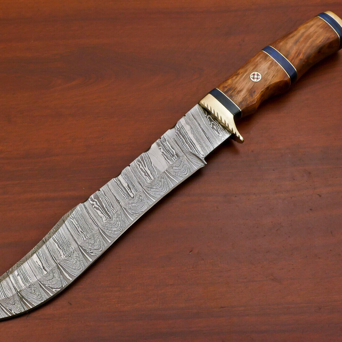 Handmade Damascus Bowie Hunting Knife – Rose Wood Handle, Fixed Blade