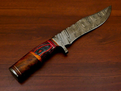 Handmade Damascus Bowie Hunting Knife | Rose Wood & Pakka Wood Handle | 13" Total Length | 4mm Blade