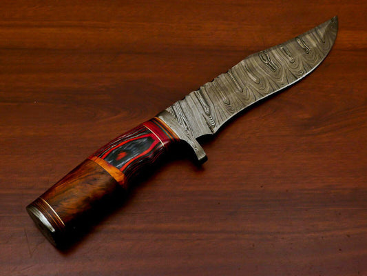 Handmade Damascus Bowie Hunting Knife | Rose Wood & Pakka Wood Handle | 13" Total Length | 4mm Blade
