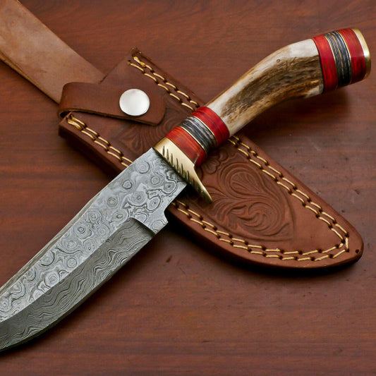 Handmade Damascus Bowie Hunting Knife – Stag Antler & Wood Handle with Brass Guard