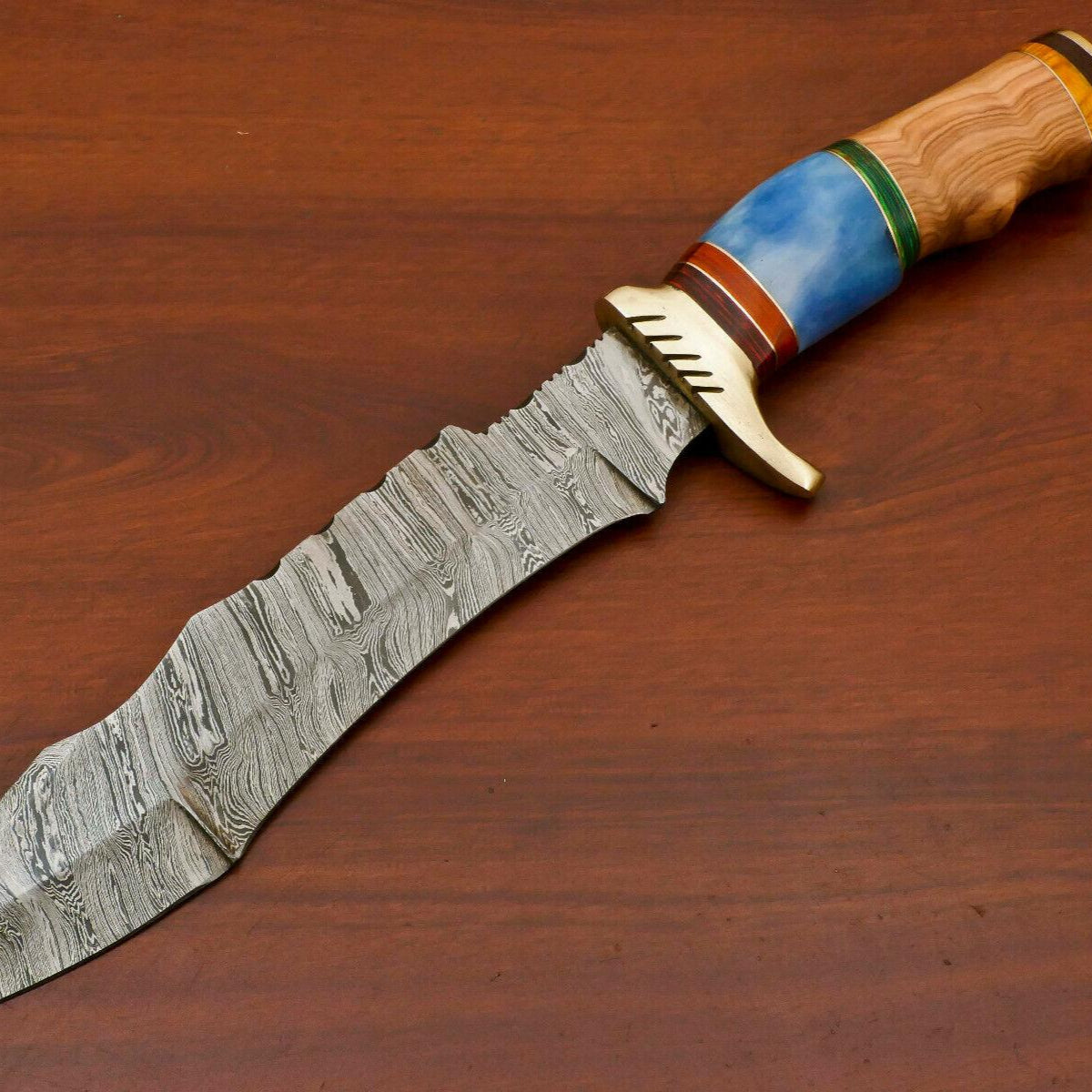 Handmade Damascus Bowie Hunting Knife – Stained Bone & Pakka/Olive Wood Handle, 14"