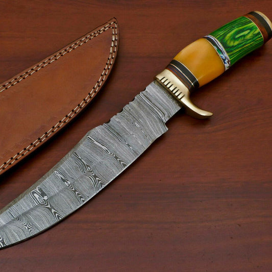 Handmade Damascus Bowie Hunting Knife – Stained Bone & Pakka Wood Handle, 14"