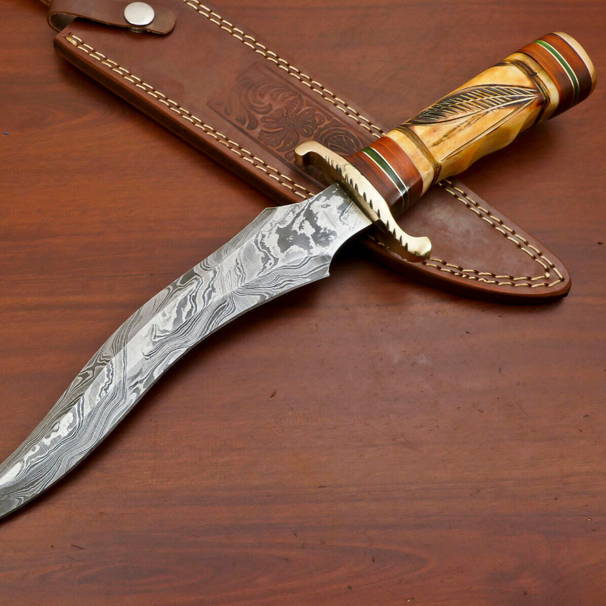Handmade Damascus Bowie Hunting Knife – Stained Engraved Bone Handle