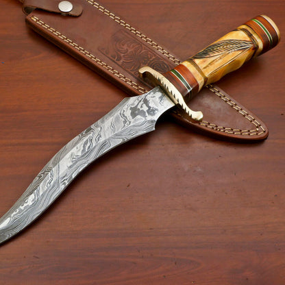 Handmade Damascus Bowie Hunting Knife – Stained Engraved Bone Handle