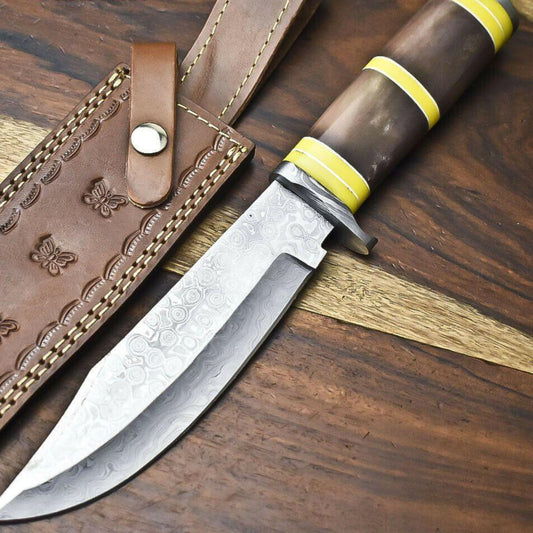 Handmade Damascus Bowie Knife | 12" Hunting Blade with Camel Bone Handle