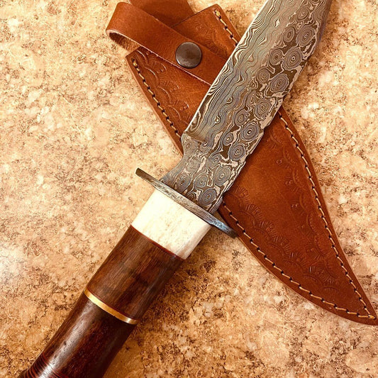 Handmade Damascus Bowie Knife | 12" Walnut Wood Handle