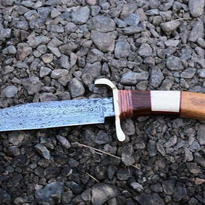 Handmade Damascus Bowie Knife – 12" Wood & Brass Handle with Leather Sheath