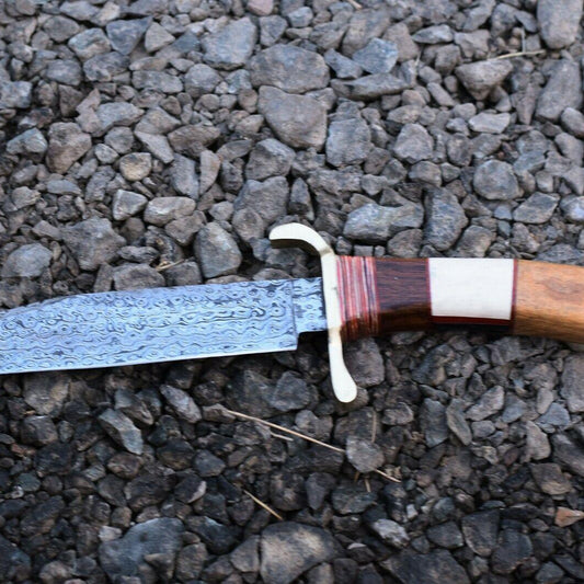 Handmade Damascus Bowie Knife – 12" Wood & Brass Handle with Leather Sheath
