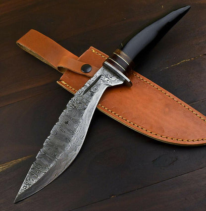 Handmade Damascus Bowie Knife – 13.5" Bull Horn Handle Hunting Blade