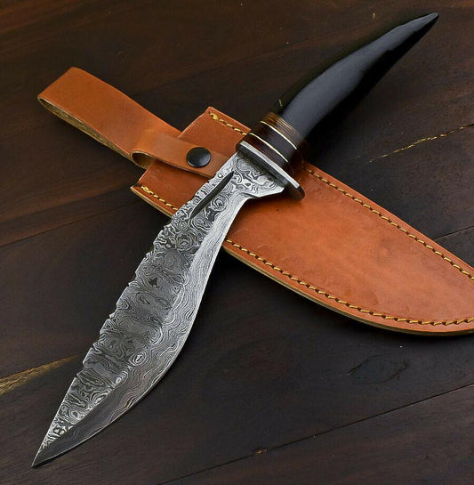 Handmade Damascus Bowie Knife – 13.5" Bull Horn Handle Hunting Blade