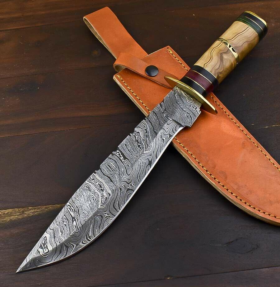Handmade Damascus Bowie Knife | 13.5" Hunting Blade with Olive Wood Handle