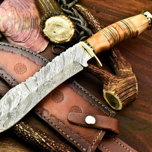 Handmade Damascus Bowie Knife | 14" Stacked Leather Handle Hunting Blade