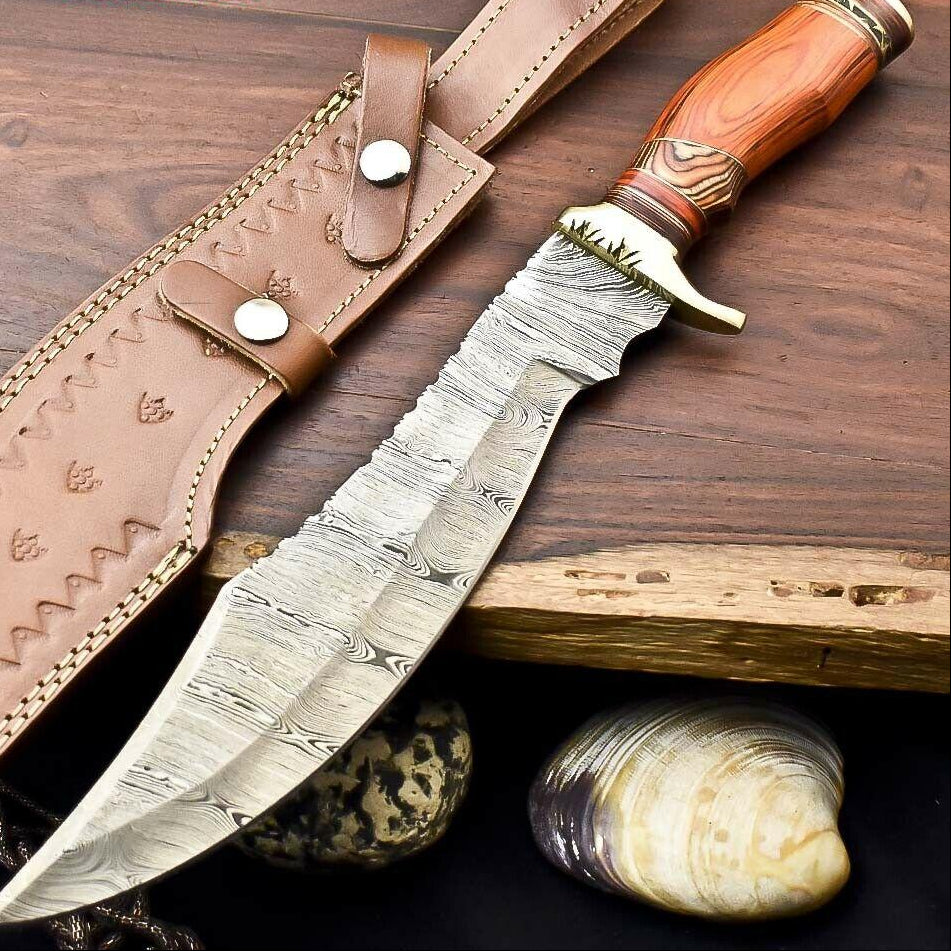 Handmade Damascus Bowie Knife | 15" Hunting Blade with Hardwood Handle