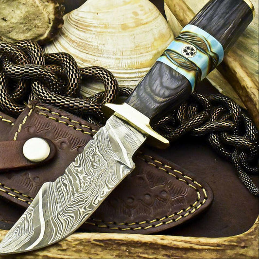 Handmade Damascus Bowie Knife | 8" Hardwood & Camel Bone Handle