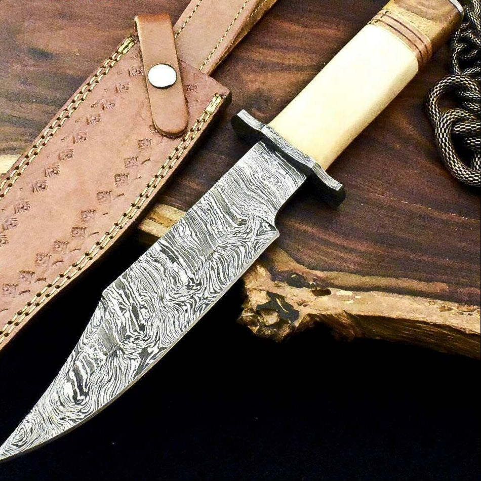 12.5" Handmade Damascus Bowie Knife – Camel Bone Handle & Leather Sheath 