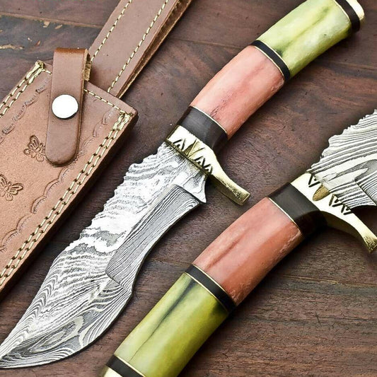 12" Handmade Damascus Bowie Knife | Camel Bone Handle & Leather Sheath