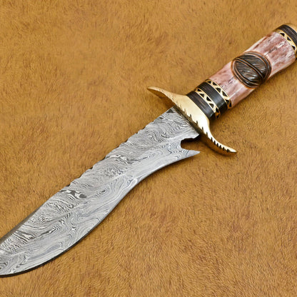  Handmade Damascus Bowie Knife – Camel Bone & Pakka Wood Handle, 13" with Brass Guard