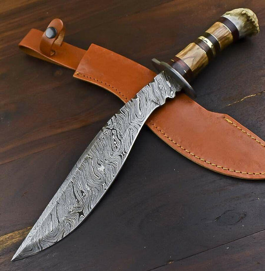Handmade Damascus Bowie Knife | Crown Antler Handle 16" Hunting Blade