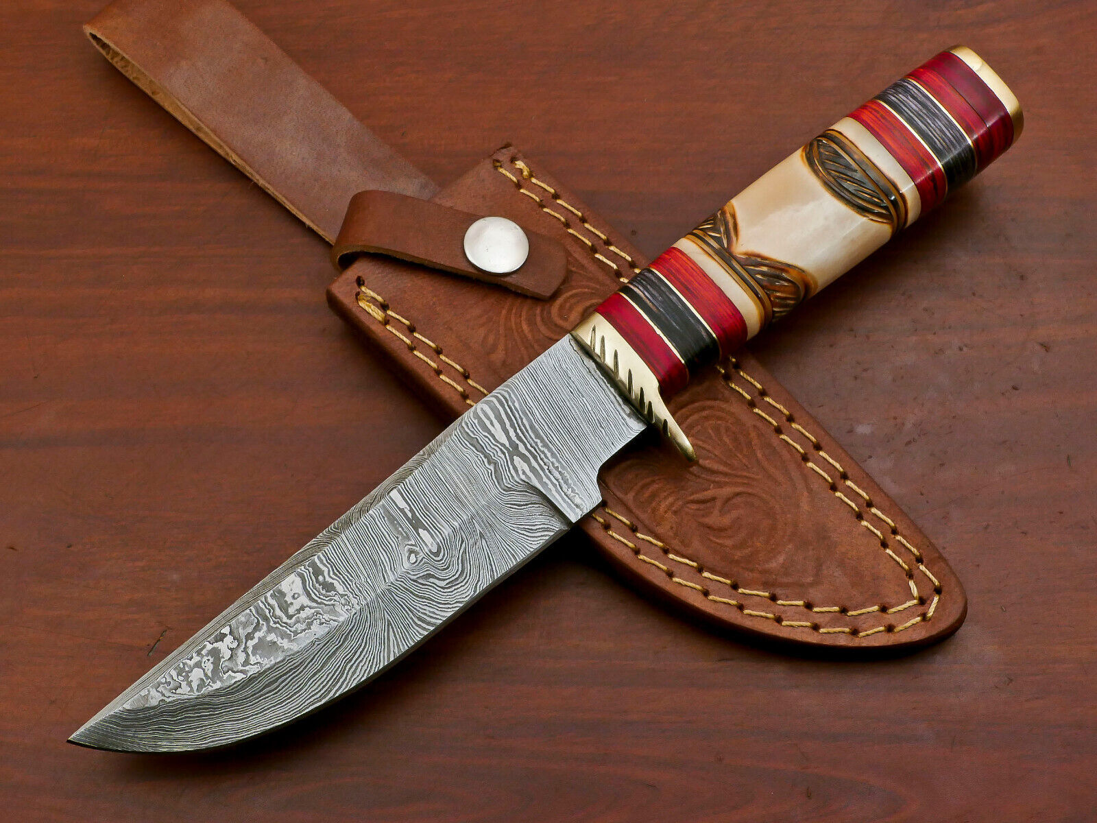 Handmade Damascus Bowie Knife Damascus Steel Knife With Engraved Bone & Leather Sheath