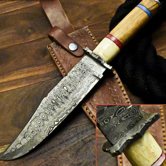 Handmade Damascus Bowie Knife | Olive Wood Handle 12.5" Hunting Blade