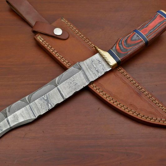  Handmade Damascus Bowie Knife – Pakka Wood Handle & Brass Guard, 12"