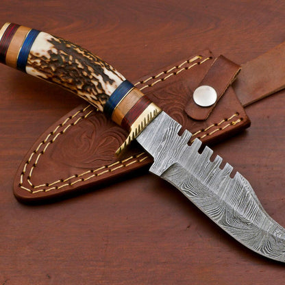 Handmade Damascus Bowie Knife – Stag Antler & Wood Handle (10")