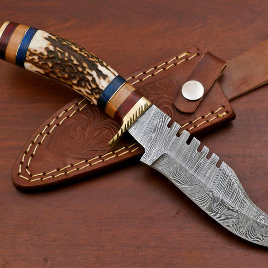 Handmade Damascus Bowie Knife – Stag Antler & Wood Handle (10")