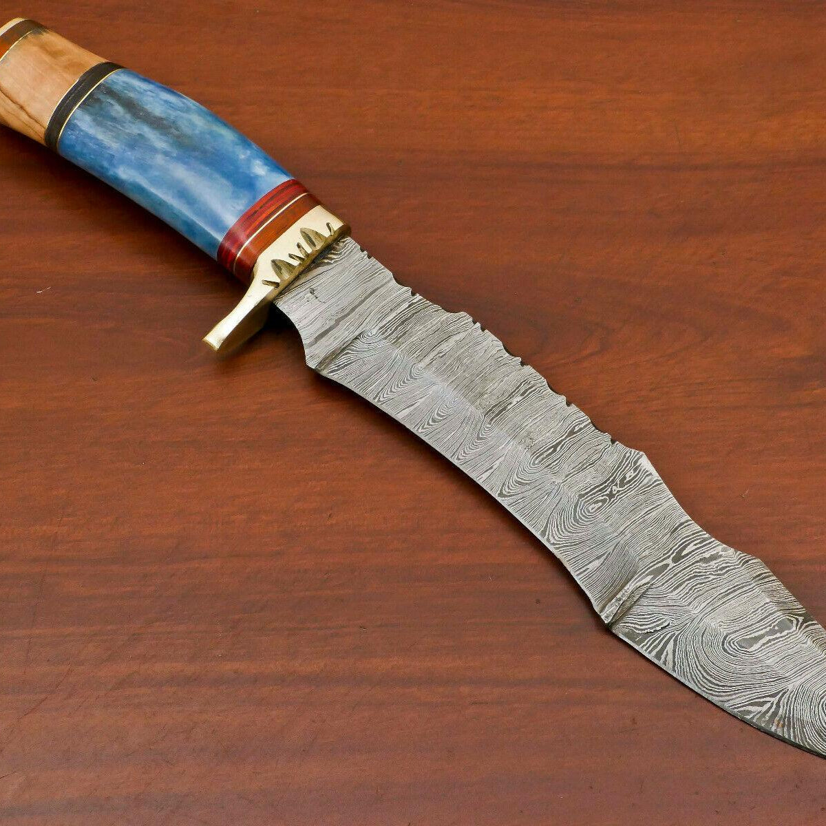 Handmade Damascus Bowie Knife – Stained Camel Bone & Wood Handle (14")
