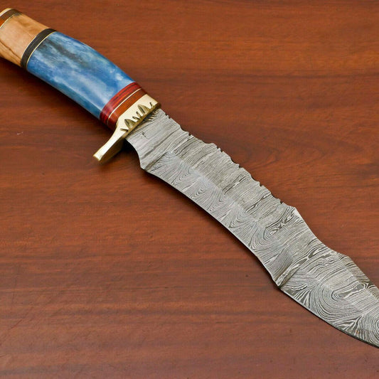 Handmade Damascus Bowie Knife – Stained Camel Bone & Wood Handle (14")