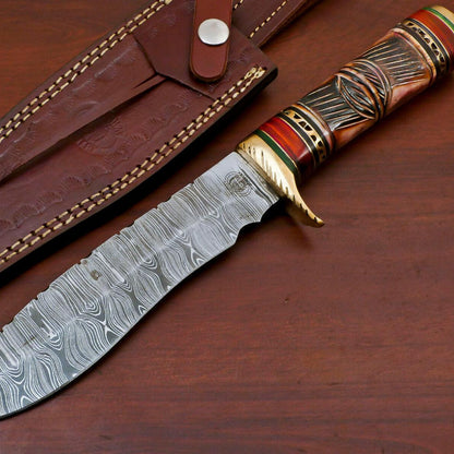  Handmade Damascus Bowie Knife – Stained Engraved Bone & Pakka Wood (12")