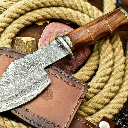 Handmade Damascus Bowie Knife – Walnut Wood Handle (12.25")