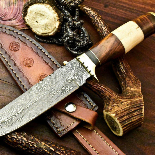 12" Handmade Damascus Bowie Knife with Camel Bone Handle & Leather Sheath