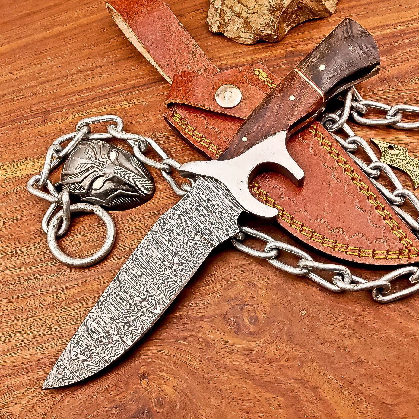 Handmade Damascus Bowie Knife with Resin and Wood Handle Fixed Blade Hunting Knife