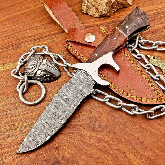 Handmade Damascus Bowie Knife with Resin and Wood Handle Fixed Blade Hunting Knife